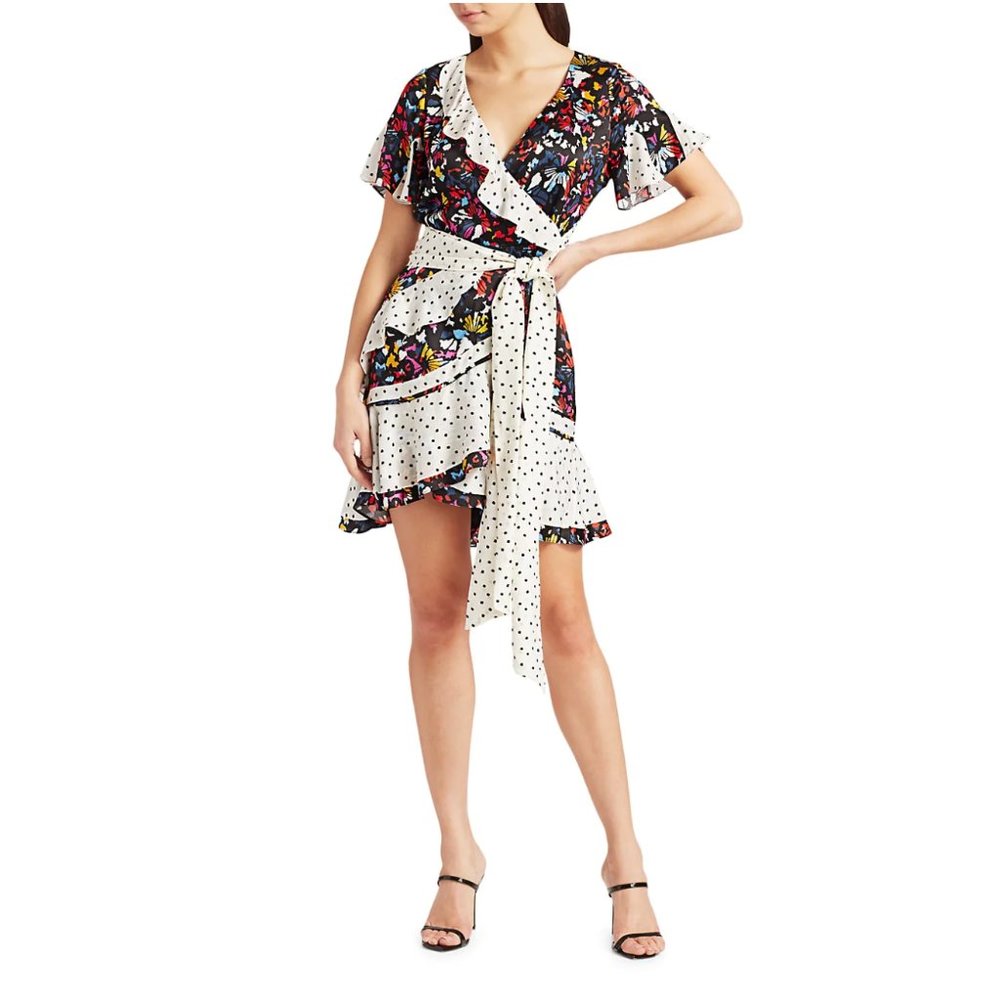 Tanya Taylor Bianka Ruffle Floral Silk Wrap Mini Dress Size 4